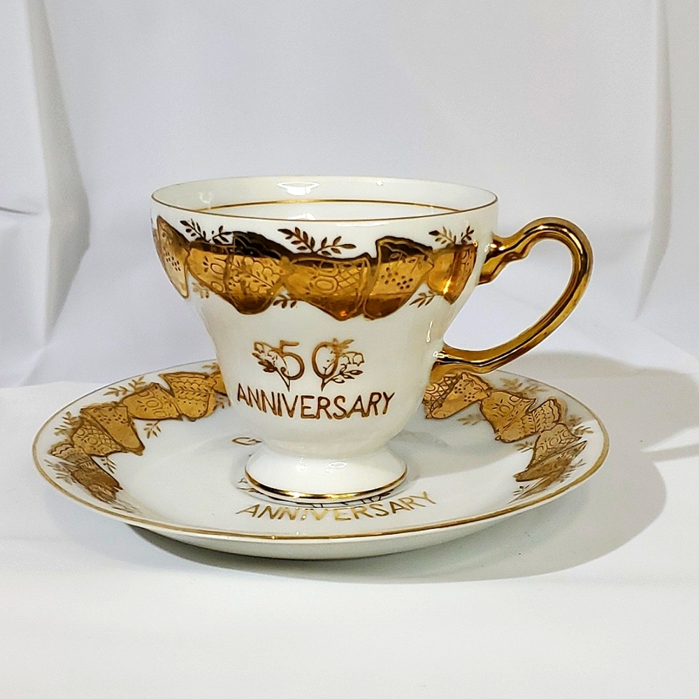 "50th Anniversary" Gold & White Bell/Floral Teacup & Saucer Vintage C-247 Japan